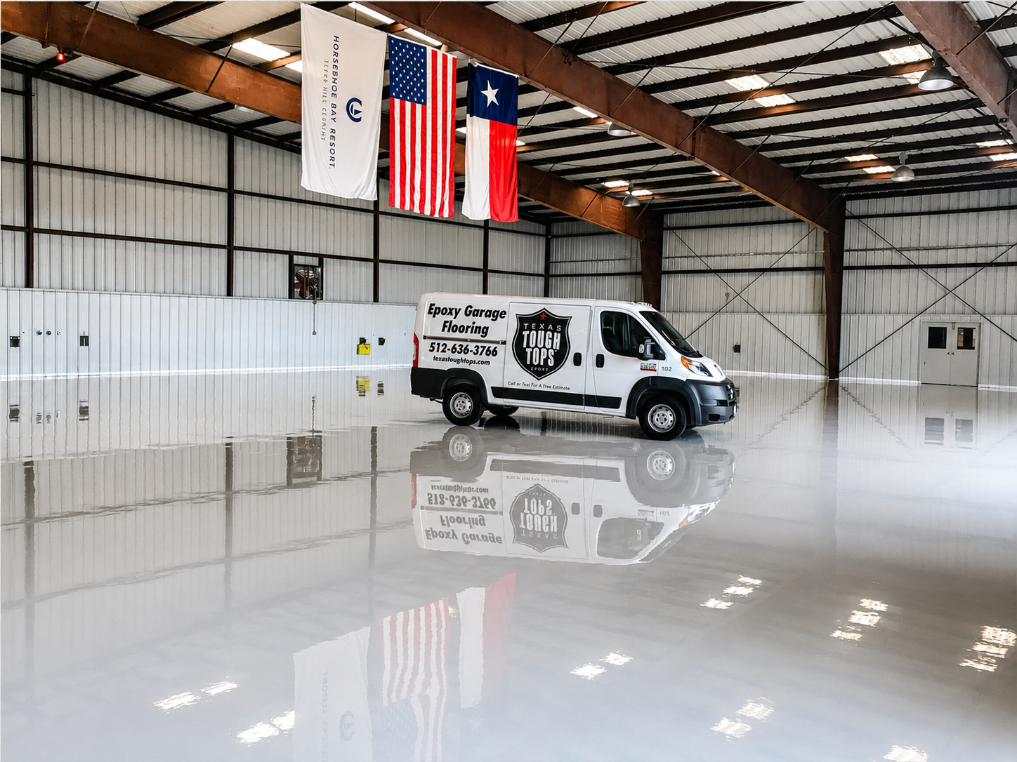 Texas Tough Tops service truck at airplane hangar job site